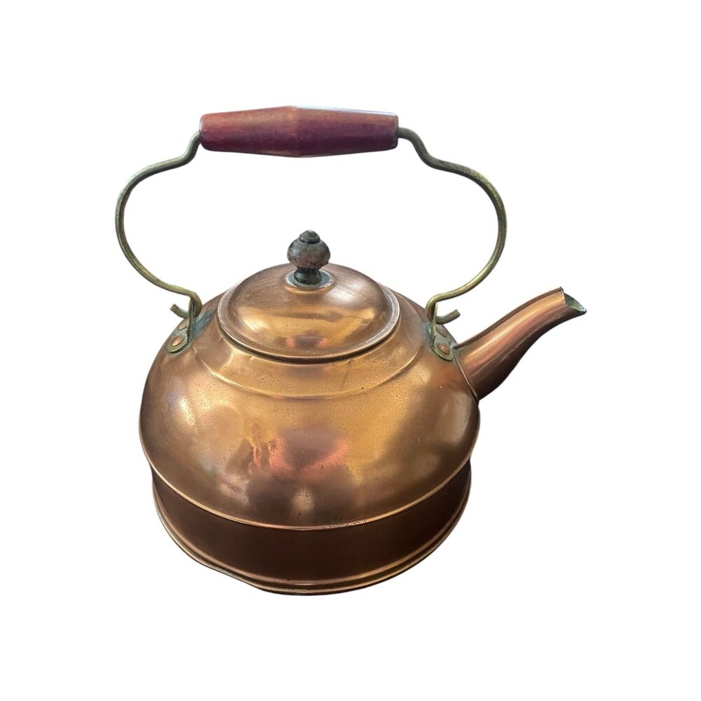 Vintage Mid century Revere Ware Copper Tea Kettle Brass/Wood Trim Cottagecore